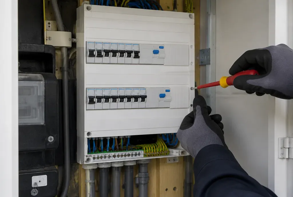 Elektricien werkt aan een nieuwe groepenkast met aardlekschakelaars in de meterkast
