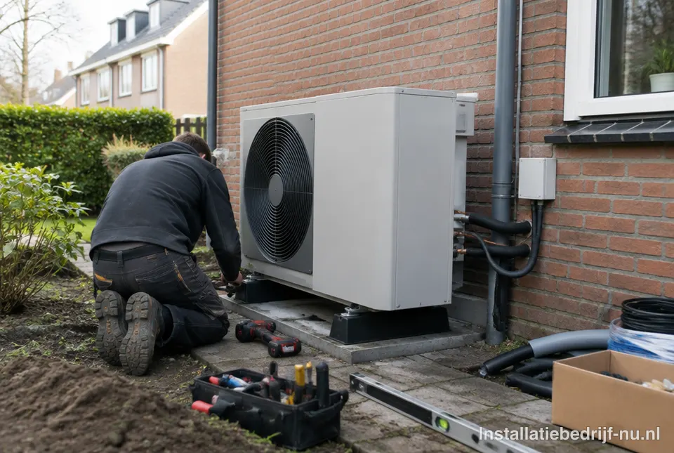 Installateur plaatst de buitenunit van een warmtepomp